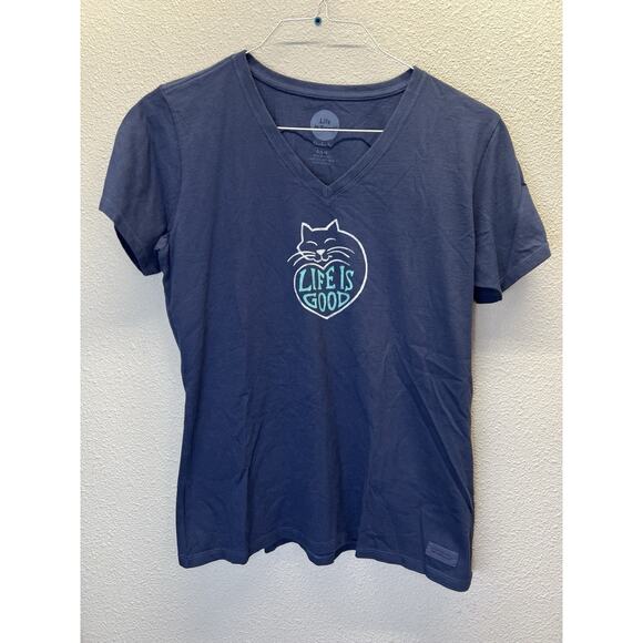 Life is Good Women’s L Blue Cat Graphic V-Neck Short Sleeve T-Shirt - Picture 1 of 7